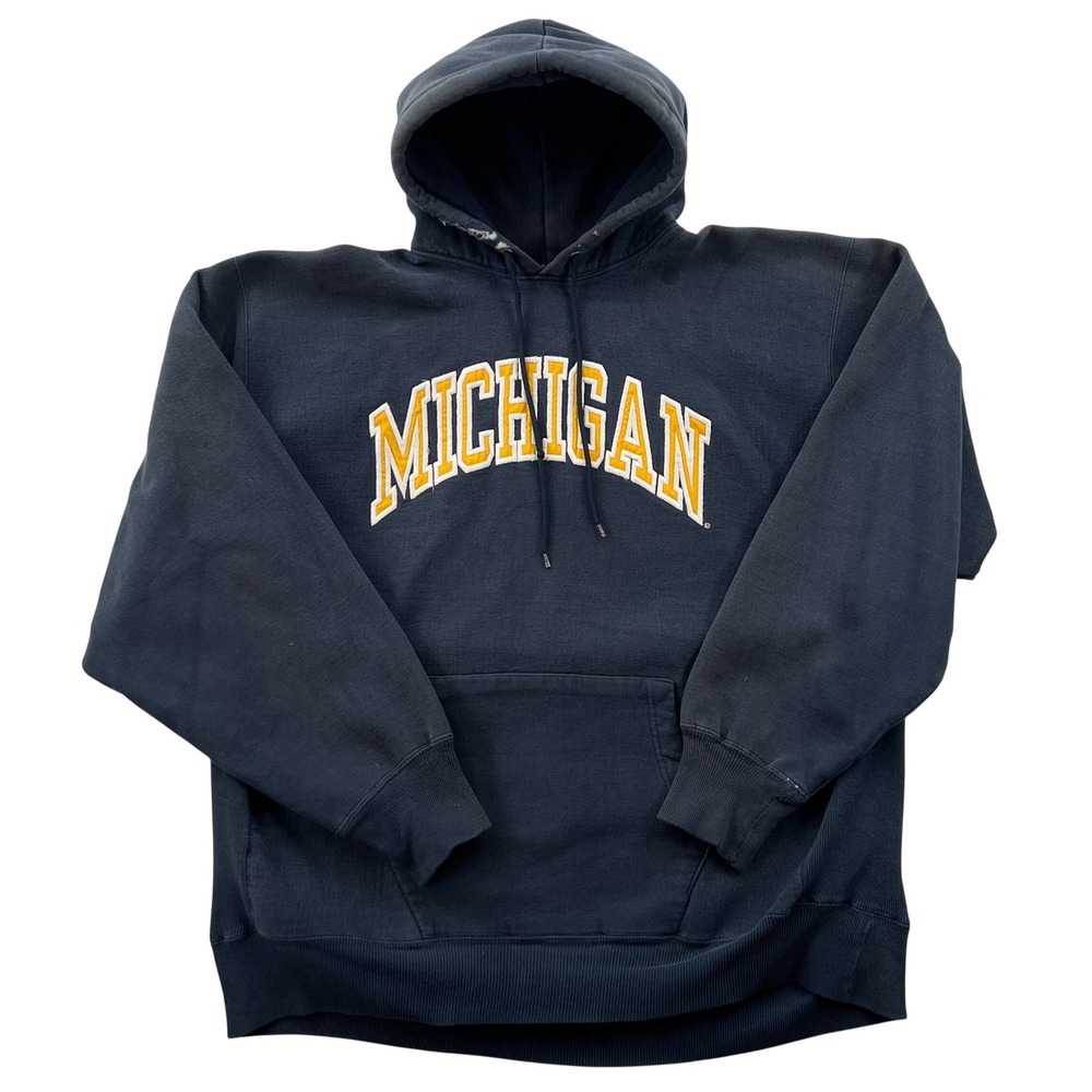 VTG Y2K Steve & Barrys Michigan Hoodie Mens 2XL Navy Blue Embroidered Thrashed